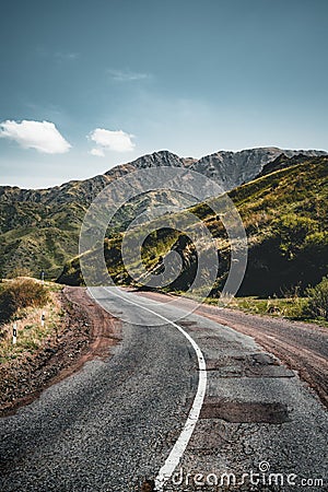 Highway street empty with green Kazakhstan Steppe view Stock Photo