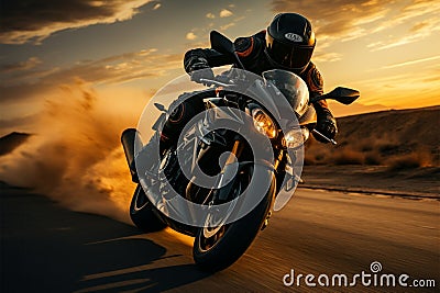 Highway thrill Motorcyclist races toward the sunrise, horizon beckoning Stock Photo