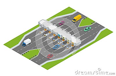 Highway toll. Turnpike tollson. Road payment checkpoint with toll barriers on the highway, cars and trucks. Flat 3d Vector Illustration