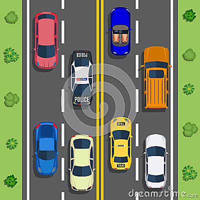 Highway traffic with top view cars Vector Illustration
