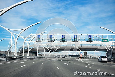 Highway Western Expressway Diameter under blue sky and white clouds - Saint Petersburg, Russia, June 2021 Editorial Stock Photo