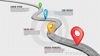 Highway. Winding empty road, GPS pins and infographic elements. Black perspective asphalt way. Vector isolated on Vector Illustration