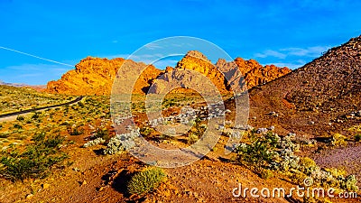 Highway 169 winds through the red Aztec sandstone rock formations in the Valley of Fire State Park in Nevada, USA Stock Photo