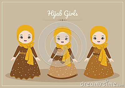 Cute cartoon Hijab girl set wear brown dress Vector Illustration