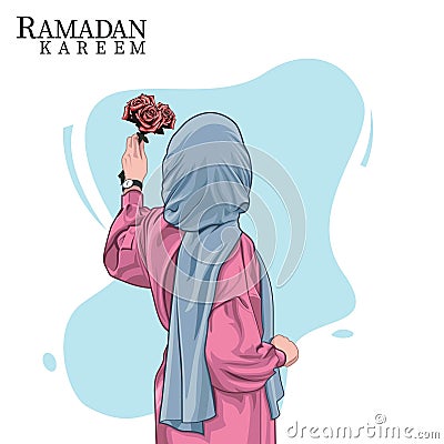 Hijab girl holding flowers on ramadan, vector illustration Vector Illustration