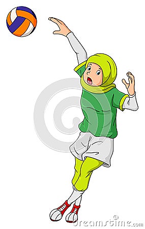 The hijab girl is playing volleyball and throw the ball Vector Illustration