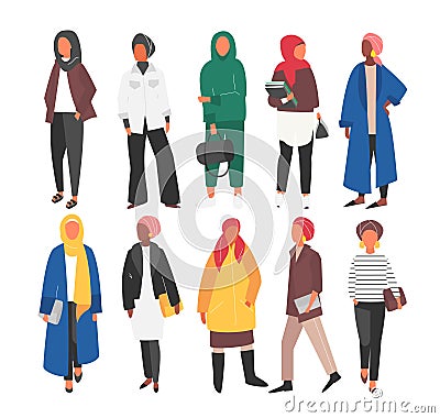 Hijab Muslim Woman set. Covered arab islamic fashion. Vector people. Vector Illustration