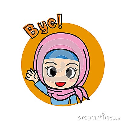 Hijabi girl cute social media stickerin orange color Vector Illustration