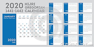 1441-1442 Hijri Calendar and Gregorian calendar year 2020. Week starts from Sunday Vector Illustration