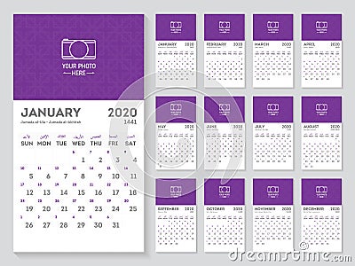 Hijri and Gregorian calendar year 2020. Islamic calendar 1441 to 1442 arabic colorful pattern template. Vector Illustration