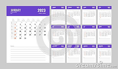 Hijri islamic and gregorian calendar 2023. From 1444 to 1445 vector celebration template. Week starting on sunday. Ready Vector Illustration