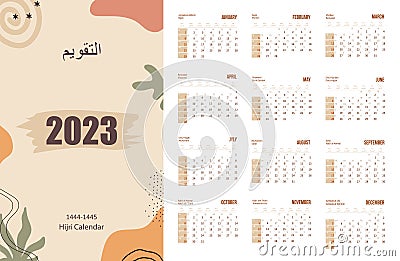 Hijri islamic and gregorian calendar 2023. From 1444 to 1445 vector template with abstract shapes. Week starting on Vector Illustration