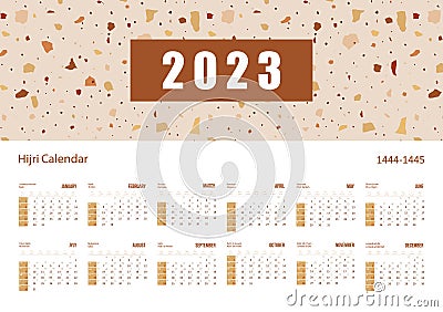 Hijri islamic and gregorian calendar 2023. From 1444 to 1445 vector template with venetian terrazzo texture. Week Vector Illustration