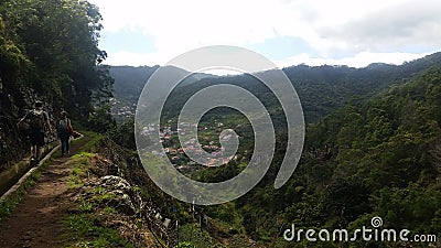 Green mountains, blue sky over farming village in Madeira Editorial Stock Photo