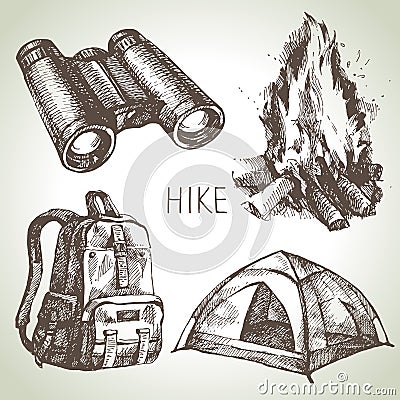 Hike and camping tourism hand drawn set. Sketch design elements Vector Illustration