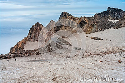 Hike at crater of Fuss Peak Volcano, Paramushir Island, Kuril Islands, Russia Editorial Stock Photo