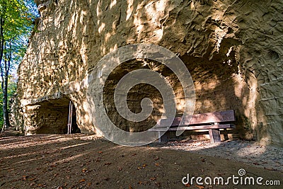 Hike at the golden hour to the famous Heidenhoehlen near Stockach on Lake Constance Stock Photo