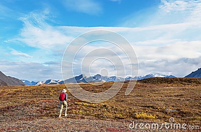 Hike in polar tundra Stock Photo