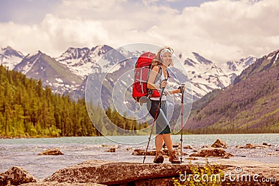 Hiker in Altai mountains Stock Photo