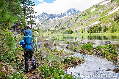 Hiker in Altai mountains, Russian Federation Stock Photo