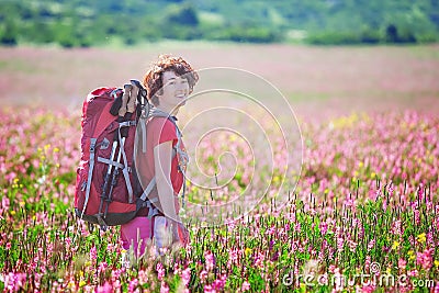 Hiker in Altai mountains, Russian Federation Stock Photo