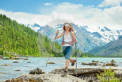 Hiker in Altai mountains, Russian Federation Stock Photo