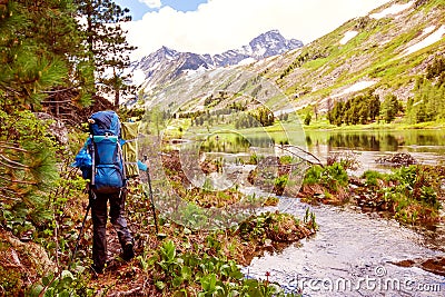 Hiker in Altai mountains Stock Photo