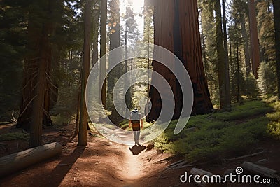 hiker, with backpack and hiking stick, ascending steep trail through forest of giant sequoias Stock Photo