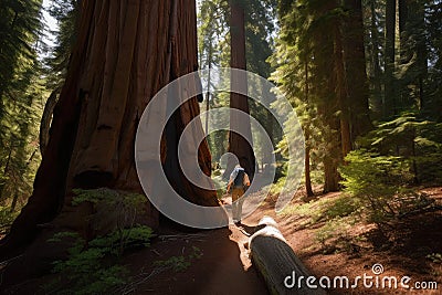hiker, with backpack and hiking stick, ascending steep trail through forest of giant sequoias Stock Photo