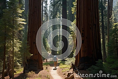 hiker, with backpack and hiking stick, ascending steep trail through forest of giant sequoias Stock Photo