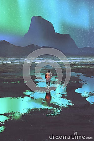 Hiker with backpack looking at mountains and colorful light in the sky Cartoon Illustration