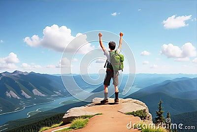 Hiker with backpack raising arms up Stock Photo