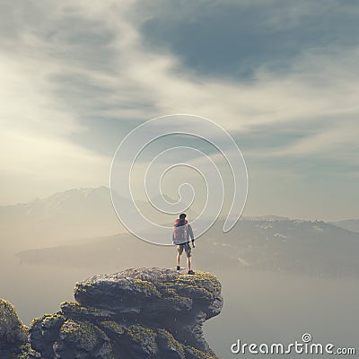 Hiker with backpack standing on top of a mountain Cartoon Illustration