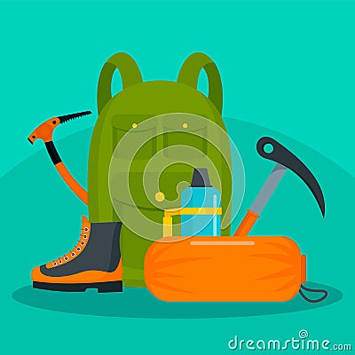 Hiker backpack with tools and shoes background, flat style Vector Illustration