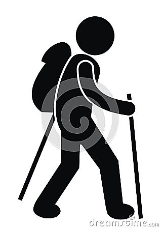 Hiker with bag and walking cane, eps. Vector Illustration