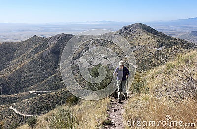 A Hiker on the Huachuca Mountain Crest Trail Stock Photo