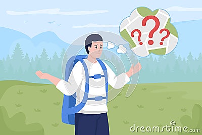 Hiker lost in woods flat color vector illustration Vector Illustration