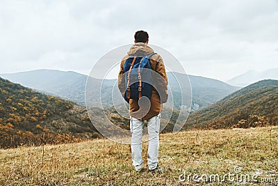 Hiker man enjoying by scenics in autumn season Stock Photo