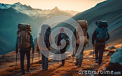 walking man hiking nature journey lifestyle mountain travel trekking group tourist. Generative AI. Stock Photo