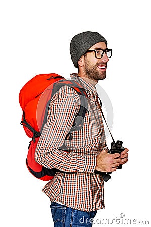 Hiker man tourist. Hiking. Isolated over white background. Stock Photo