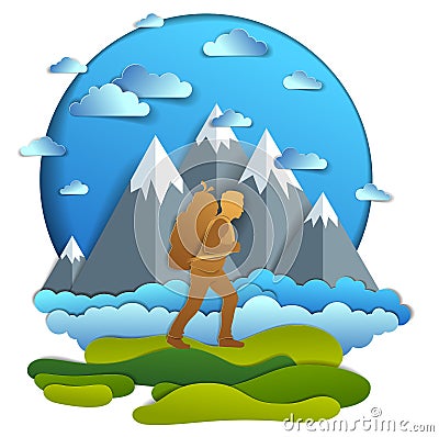 Hiker man walking through grasslands with high mountain peaks in Vector Illustration