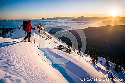 A hiker navigating a narrow ridge with sheer drop-offs on either side, under a clear blue sky Stock Photo