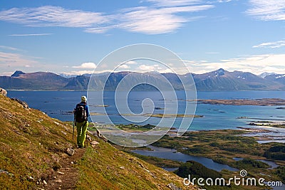 Hiker on a Queen`s route trail, Vesteralen, Norway Editorial Stock Photo