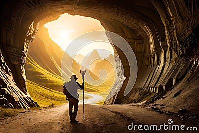 A hiker standing at the entrance of an ancient cave, holding a torch, mysterious underground chambers Stock Photo