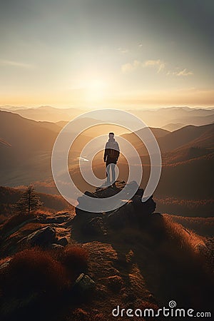 Hiker Standing on the Summit of a Mountain. AI generated Illustration Stock Photo