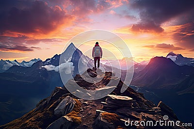 Hiker standing on top of a mountain and looking at the sunrise, Magical Fantasy Adventure Composite of Man Hiking on top of a Stock Photo