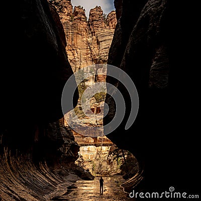 Hiker Stands In The Creek Below The Giant Walls Of The Subway Stock Photo