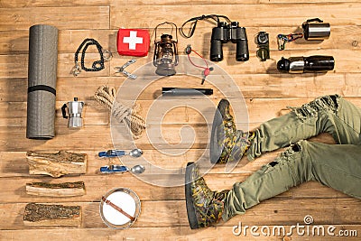 Hiker and Traveler set on wooden floor Stock Photo