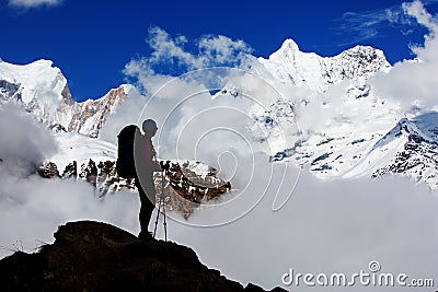 Hiker on the trek in Himalayas, Annapurna valley, Nepal Stock Photo