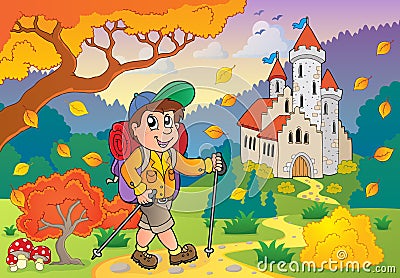 Hiker walking on path near castle Vector Illustration